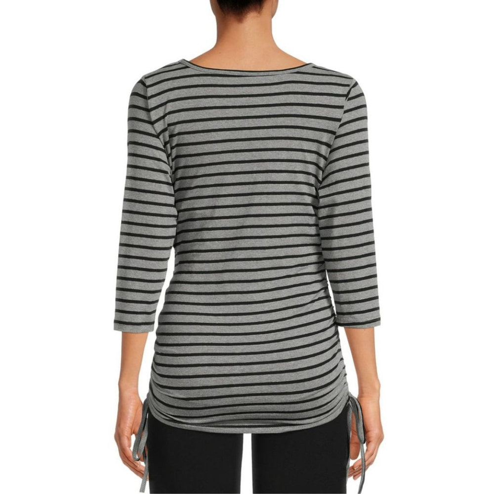 Oh Mamma! Heather Grey Black Striped 3/4 Sleeve Ruched Top with Ties NWT - Picture 4 of 5